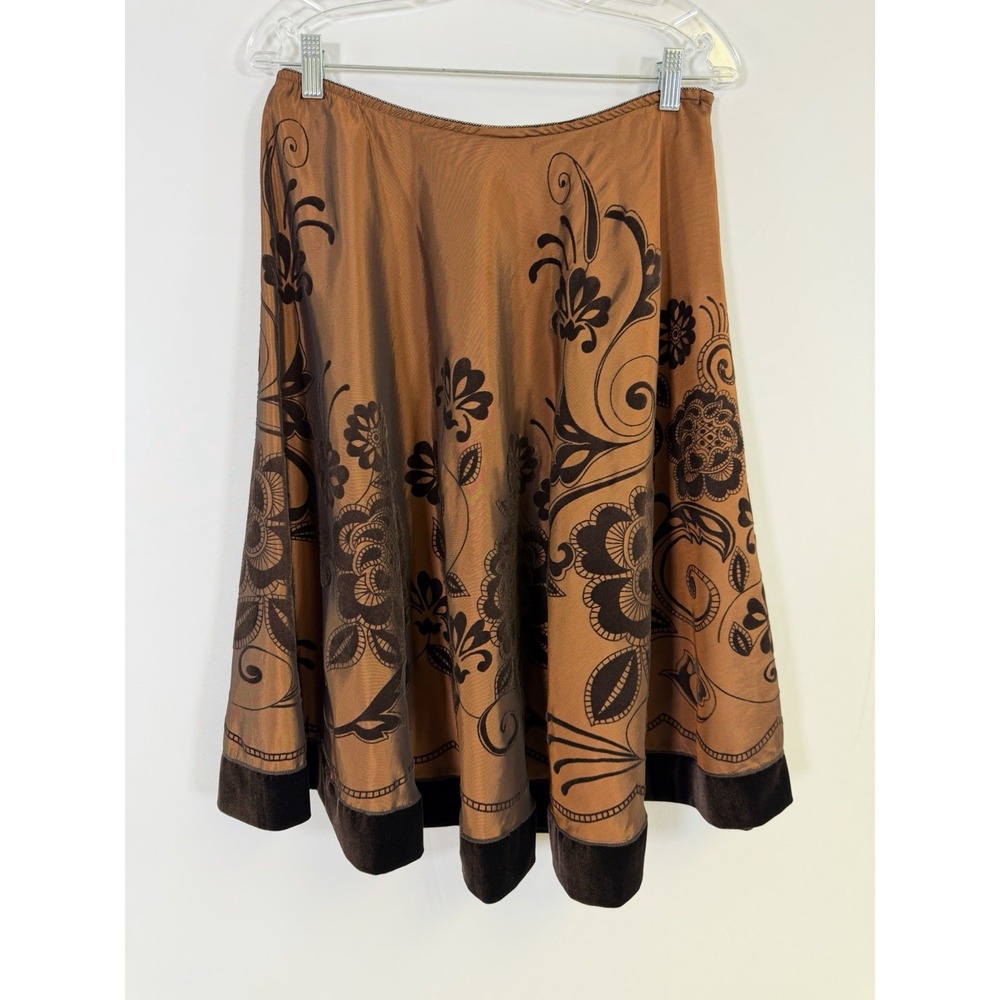 VTG MSK Brown Black Floral Velvet Trim Designed Swing Skirt Sz L Whimsigoth Boho